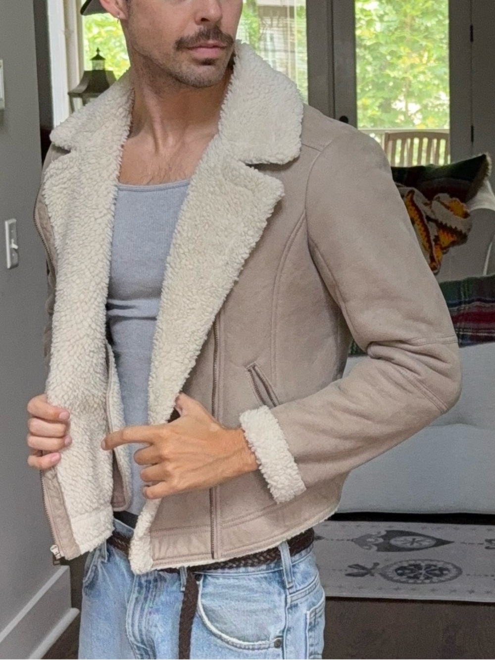 🤎 Hollister Sherpa-Lined Faux Suede Moto Jacket Biker Coat